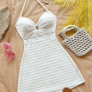 TEMU 스타피시 디테일이 있는 우아한 V넥 미니 드레스 - 슬리브리스, 텍스처드 원단, 휴가 또는 데이트 나이트에 완벽, 블랙, 성인 여성 패션, 휴가 드레스 | 스타피시 디테일 드레스 | 텍스처