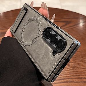 TEMU 삼성 갤럭시 Z 폴드 6/7/5/4/3용 매그네틱 무선 충전 케이스, 레트로 PU 가죽 스탠드 커버|폰케이스