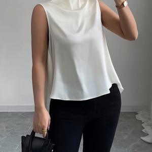 TEMU 여성의 우아한 슬리브리스 사탕 블라우스 - 시크 스탠드 칼라, 단색, 긴 밑단, 봄/여름 캐주얼 웨어용 일반 핏, 캐주얼 웨어 블라우스 | 우아한 슬리브리스 탑 | 사탕 원단