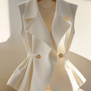 TEMU 여성용 우아한 민소매 블라우스 프릴 칼라 & 메탈 버튼 - 화이트 솔리드 컬러 오피스 셔츠, 비즈니스 캐주얼 및 정장용 사계절 착용 가능