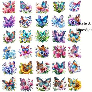 TEMU 30개/세트 핸드메이드 빈티지 스프링 워터컬러 나비 꽃 꿀 컬렉션 스티커 - 스크랩북, 저널링, DIY 공예 장식용 고품질 스티커