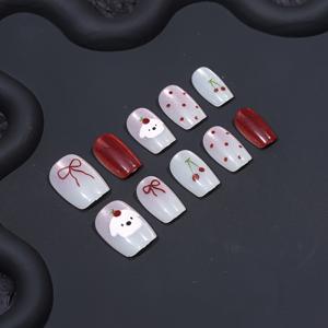 TEMU 30pcs 카툰 귀여운 코넷 사각형 손톱 고양이 눈 빨간 체리 강아지 리본 포카포카 도트 디자인 착용 가능한 손톱 세트 최고의 손톱 팁을 손톱 샵에서 작은 소녀들이 착용할 수 있는 손톱 세트 여성을 아름답게 만드는 데 적합합니다. 손톱 아트 모양 디자인은 맞고 재사용할 수 있으며 문지르기 스트립과 젤 글루와 함께 사용할 수 있습니다.