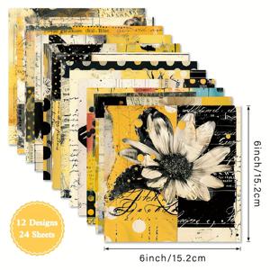 TEMU 알리나컷 24장 스타일라이즈드 페이퍼 패드 6x6인치 - 빈티지 플로럴, 물방울 무늬 & 레트로 타이포그래피 디자인, 노랑, 검정, 흰색, 회색 & 갈색 카드 만들기, 스크랩북킹, 선물 포장용, DIY 공예, 아티스틱 레터링 종이 | 다용도 크래프트 용지, 종이 공예 재료