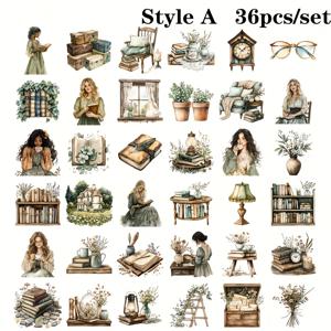 TEMU 36개 빈티지 북 & 와일드플라워 걸 스티커 - 저널, 플래너, 스크랩북용 - 불규칙 컷아웃 애니메이션/컨트리 라이브러리 데칼 포함 액센트 페이퍼 시트