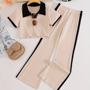 TEMU 여아용 반팔 상의와 옆줄이 있는 긴 바지의 세트입니다. 캐주얼한 여름 의상 및 야외 활동에 적합합니다.