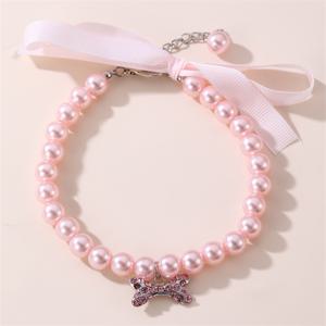 TEMU 사랑스러운 핑크 인조 진주 및 라인스톤 뼈 펜던트 애완 동물 목걸이, 고양이와 강아지에게 귀여운 액세서리.