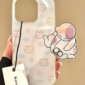 TEMU 아이폰 11 12 13 프로 맥스용 투명 화이트 라이트 페인팅 화이트 배경 더블 레이어 컬러풀 트릭 앤 트릿 고양이 폰 케이스, 재미있는 회전 스탠드 포함