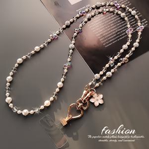 TEMU 우아한 진주 & 폰 랜야드 골든 하트 참 - 여성용 스타일리시 분실 방지 휴대폰 스트랩, 야외 여행 및 일상 사용을 위한 내구성 있는 크로스바디 액세서리, 진주 비즈 디자인