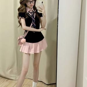 TEMU 스위트 레트로 아카데믹 스타일 JK 유니폼 드레스, 투피스 디자인, 반팔 - 포토샷 및 졸업 시즌 의상에 완벽한 아이템, 넥타이 포함