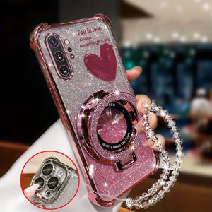 TEMU 삼성 갤럭시 노트 10 플러스용으로 설계된 사랑하는 마음을 담은 손목끈이 있는 자석이 있는 반짝이는 폰 케이스, 충격 방지 기능을 제공합니다.