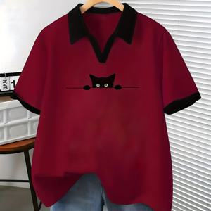 TEMU 여성용 세련된 여름 V넥 폴로 셔츠 - 고양이 실루엣, 캐주얼한 반팔, 통기성이 좋은 폴리에스터, 블랙 앤 화이트 디자인, 봄/여름/가을에 완벽한 옷