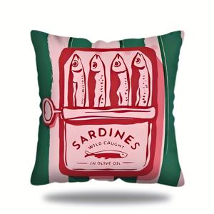 TEMU 1개 생선 통조림 테마 프렌치 스타일 쿠션 커버 - 올리브 오일 & 생선 통조림 프린트 베개 커버, 그린 핑크 화이트 레드 맥시멀리스트 소파 침대 장식, 세탁기 사용 가능 17.7x17.7인치 (45x45cm) 단면 생선 통조림 라벨 디자인