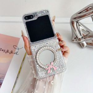 TEMU 화려한 반짝이 리본 라운드 미러 폰 케이스 - 갤럭시 Z 플립4/Z 플립5/Z 플립6/Z 플립7 풀바디 충격 방지 커버