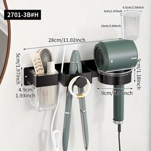 TEMU 1pc 벽걸이 다기능 헤어 드라이어 홀더, 보관 컵 포함 - 블랙 및 오렌지, 드릴 없음 설치, 홈 욕실 또는 살롱용 내구성 있는 철제 정리함