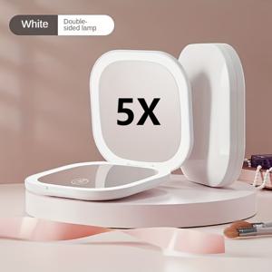 TEMU 1개 듀얼 사이드 1X/5X 확대 거울, 듀얼 컬러 LED (따뜻한 빛), 자석 접이식 핸드헬드 거울 - 여행, 메이크업, 가정용 휴대용 거울, 5X 확대 기능
