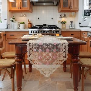 TEMU 1개 화이트 패브릭 핑크 플로럴 자수 워터솔루블 레이스 에징, 홈 주방 식탁 장식 벽장 침대 옆 테이블 신발장 화장대 테이블보 플레이스매트, 휴일 파티 야외 피크닉 장식 웨딩 선물