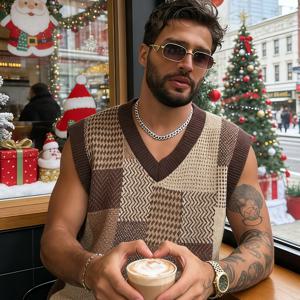 TEMU 남성용 캐주얼 니트 조끼, 컬러블록 디자인 및 V넥, 민소매 스웨터