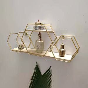 TEMU 1개 현대적인 금속 벽걸이 수납 선반 - 육각형 기하학적 디자인, 다중 구획 포함, 조립 불필요, 침실/거실/식당/복도 장식용 플로팅 선반