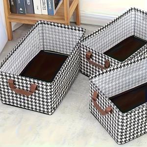 TEMU 3개 대형 하운드투스 스토리지 박스, 철제 프레임 디자인 - 접이식 패브릭 옷장 정리함, 바지 및 의류용, 공간 절약형 침대 밑 & 캐비닛 수납 시스템, 클래식 패턴, 견고한 구조, 홈 오거나이저, 침대 아래 보관함