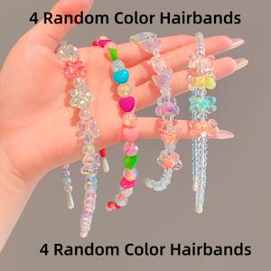 TEMU 랜덤 컬러 비즈 헤어밴드 4종 세트, 도파민 카툰 귀여운 하트, 꽃, 곰 디자인 플라스틱 헤어 액세서리, 여아 일상용