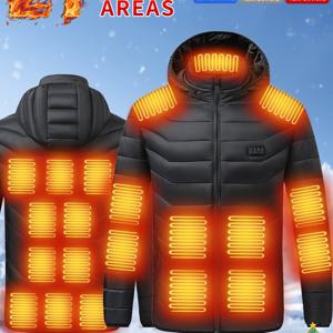 TEMU 남성용 히팅 재킷 - 21개 히팅 존 & USB 히팅, 3단계 온도 조절, 후드 지퍼 겨울 코트, 겨울 야외 활동용, 세탁기 사용 가능 (배터리 미포함)