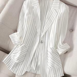 TEMU 여성용 슬림핏 재킷 - 3/4 소매 싱글 브레스트 코트, 화이트/핑크/네이비 , 세탁기 사용 가능, 봄 여름 가을 캐주얼 & 프로페셔널 아우터웨어, 오피스에서 파티까지 (벨트 미포함)