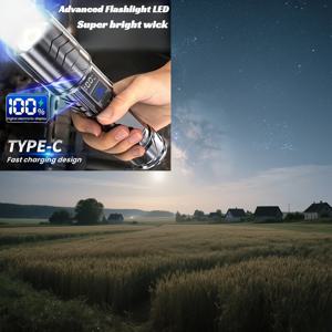 TEMU 초고휘도 10백만 루멘 LED 휴대용 손전등, 조명 램프, 야간 조명, 휴대용 램프. 디지털 디스플레이, 70배 줌, USB-C 충전, 18650 리튬 배터리, 클립 및 홀스터가 있는 휴대용 전술 라이트, 캠핑에 적합