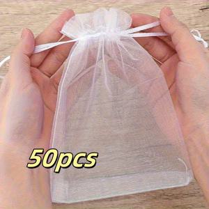 TEMU 50개 화이트 통기성 메쉬 티슈 백, 결혼 선물용 투명 끈주머니, 보석 포장 및 휴일 간식, 화장품 및 사탕에 적합한 다기능 스트랩이 있는 선물 가방 50-200개 드로스트링 주머니