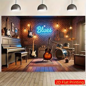TEMU 2D 플랫, 1개 8x6피트 블루 블루스 밴드 폴리에스터 배경 배너 - 음악 악기와 함께하는 생동감 넘치는 네온 사인 디자인, 사진 촬영, 벽 장식, 실내/외 파티, 라이브 스트리밍 및 축하 행사에 이상적, 뮤직 룸 장식용