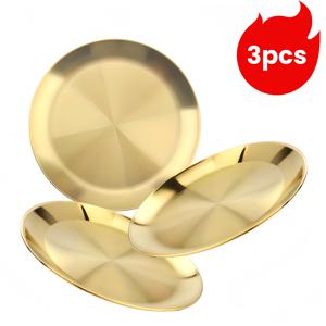 TEMU 3개 골든 스테인리스 접시, 6.69인치 라운드 디너 메탈 플레이트, 재사용 가능한 샐러드/스테이크 플레이트, 홈 키친 및 캠핑용 평면 서빙 접시, 피자와 바비큐용