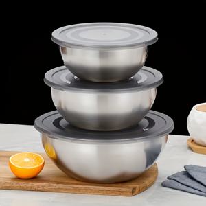 TEMU 관황 3pcs 스테인리스 스틸 믹싱 볼 세트, 밀폐 뚜껑 포함, 세련된 실버 마감, 내구성 강한 금속 샐러드 & 과일 서빙 볼, 주방 보관 및 점심 간식용, 스케일이 있는 요리용 볼, 요리와 베이킹에 최적