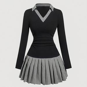 TEMU 여성용 우아한 레트로 롱 슬리브 슬림핏 드레스 - 블랙 & 화이트 수직 주름 스커트, 봄 여름 가을 시즌 패션, 중간 신축성 기계 세탁 가능