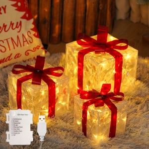 TEMU 3개 세트, LED 크리스마스 선물 상자 조명, 60개의 LED 라이트, 빨간 리본이 있는 발광 선물 상자, USB 또는 배터리 구동, 8가지 모드, 타이머, 결혼식, 파티, 크리스마스 트리 스커트, 홈 데코레이션에 적합|타이머