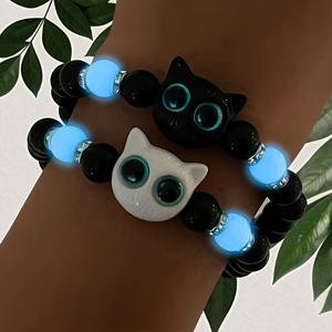 TEMU 2pcs 우아한 다재다능한 고양이 머리 탄성 커플 보석 세트, 빛나는 조절 가능한 팔찌, 귀여운 애완동물 BFF 선물, 일상적인 외출 및 파티, 가족 및 친구를 위한 이상적인 선물