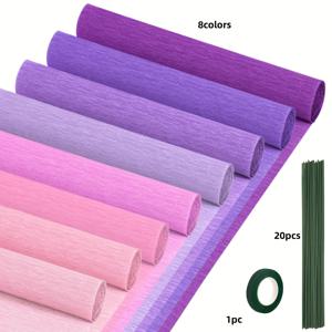 TEMU 크레페 스트리머 8롤, 9.8 x 49인치 보라&핑크 컬러 크레페지 150개 꽃봉오리 포함, DIY 선물 포장용 플로럴 테이프 20개, 생일 결혼식 휴일 파티 장식용 종이꽃 공예