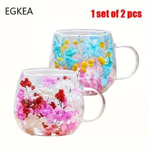 TEMU EGKEA, 2개 세트, 300ml 이중벽 고온 저온 보온 유리 컵, 통합 꽃 디자인 - 온도 조절, 인간 중심 핸들, 커피, 차, 칵테일용 밝은 색상 - 손세척만, 음료 보온 | 장식용 식기 | 내구성 있는 유리 도구, 카페 액세서리, 가족 선물.
