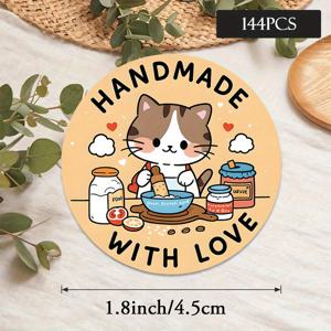 TEMU 48/96/144개 라운드 스티커 - 사랑으로 만든 귀여운 고양이 요리 디자인, 생생한 색상, 내구성 있는 종이 소재, 애완동물 포장용, DIY 공예, 선물 가방 & 파티 장식, 독특한 일러스트레이션