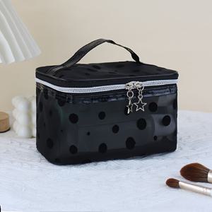TEMU 폴카 도트 메이크업 가방 - 스타일리시 블랙 화장품 정리함, 지퍼 잠금, 휴대용 여행용 화장품 가방, 일상 사용 및 여행용, 브러시, 립스틱, 아이섀도우, 작은 메이크업 가방, 장식용 지퍼 가방, 메쉬 포켓 기능