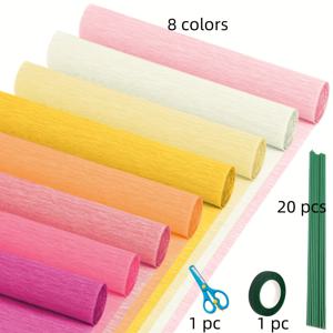 TEMU 크레페 종이 스트리머 8롤, 10 X 49인치 8가지 핑크&옐로우 색상 크레페 종이 시트 (꽃 줄 20개, 플로럴 테이프 1개, 공예 가위 1개 포함), 선물용 종이 꽃 포장지 공예 생일 결혼식 휴일 파티 장식
