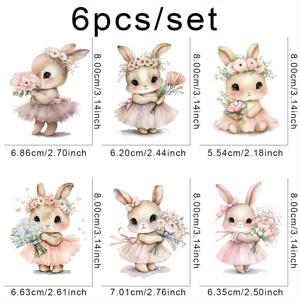 TEMU 6개 DIY 발레 토끼 DTF 전사 스티커 - 세탁 가능, 다림질 필요 없는 열전사용 - 티셔츠, 마스크, 청바지, 백팩에 적합 - 귀여운 패브릭, 의류용 다림질 패치