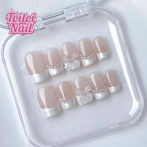 TEMU 10개 순수한 손으로 만든 새로운 짧은 사각형 프레스온 네일, 프랑스 팁이 있는 누드 색상, 페어리 같은 보석 디자인, 네일 파일과 젤리 글루 포함