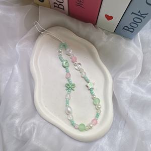 TEMU 민트 그린 스타 문 보우노트 비즈 모바일 폰 체인 전화기 매듭 스트랩 팔찌 방수 카메라 참