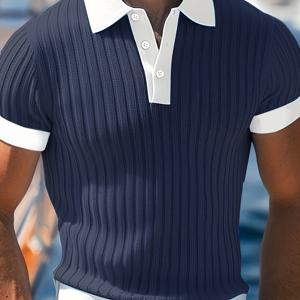 TEMU [Shule Water OBM] 남성용 다크 블루 반팔 캐주얼 폴로 셔츠. 텍스처된 골지 소재로 제작되어 편안함을 제공하며 여름, , 휴가, 캐주얼 외출에 적합합니다. 스타일리시한 텍스처 폴로 셔츠입니다.