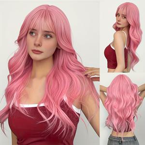 TEMU 누구에게나 적합한 다용도 데일리 가발입니다. 긴 핑크 웨이브 머리와 앞머리가 특징이며, 귀여운 의상, 패셔너블한 캐릭터 코스프레, 파티 공연, 그리고 자연스럽고 푹신한 외관을 연출하는 축제 행사에 완벽합니다.