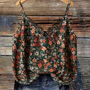 TEMU 플러스 사이즈 - 플러스 사이즈 꽃무늬 레이스 트림 캐미 탑 - 우아한 여성용 V넥 민소매 블라우스, 가벼운 논스트레치 원단, 봄/여름 캐주얼 웨어에 완벽, 여름 패션 탑 | V넥 캐미 탑 | 논스트레치 원단