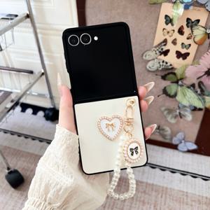 TEMU 삼색 리본 + 진주 스트랩 휴대폰 케이스 - 삼성 갤럭시 Z 플립3, 갤럭시 Z 플립4, 갤럭시 Z 플립5, 갤럭시 Z 플립6, 갤럭시 Z 플립7 호환 - 풀 보호 방탄 디자인