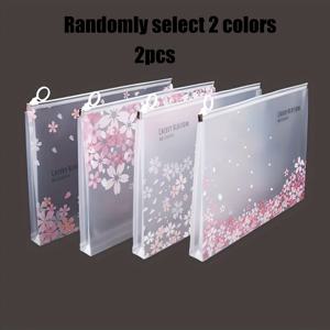 TEMU 2개 세트 A4 방수 벚꽃 지퍼 파일 폴더 - 투명 문서 정리 파우치, 꽃무늬 디자인, 사무실/학교/여행용, 가벼운 소재, 우아한 디자인, 튼튼한 구조, 데코레이티브 수납 파우치, 오피스 워커 필기구 보관함