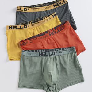 TEMU 4개입 남성용 클래식 박서 브리프 - 신축성 허리밴드 & HELLO 텍스트, 부드럽고 통기성 좋은 소재, 세탁 가능, 단색 (노랑, 회색, 노랑&오렌지, 초록), 청소년 및 성인용 캐주얼 속옷, 내구성 있는 디자인, 편안한 착용감, 심플 스타일, 스트레치 허리 밴드, 멀티팩 패키지, 액티브 라이프스타일