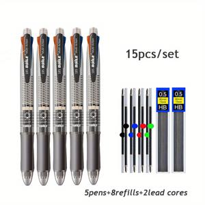 TEMU 홈커밍 시즌 선물 15개/세트 멀티컬러 볼펜, 4색 리필, 지우개 및 심 포함, 교사용 연말 선물 사무용품 및 문구류, 고급 필기구 (펜 5개+리필 8개+심 2개)