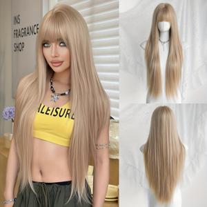TEMU 합성 가발 긴 라이트 골든 앞머리 고층 밀도 150% 베이지 여성용 데일리 파티 카니발 뮤직 페스티벌 초보자 친화적 28인치